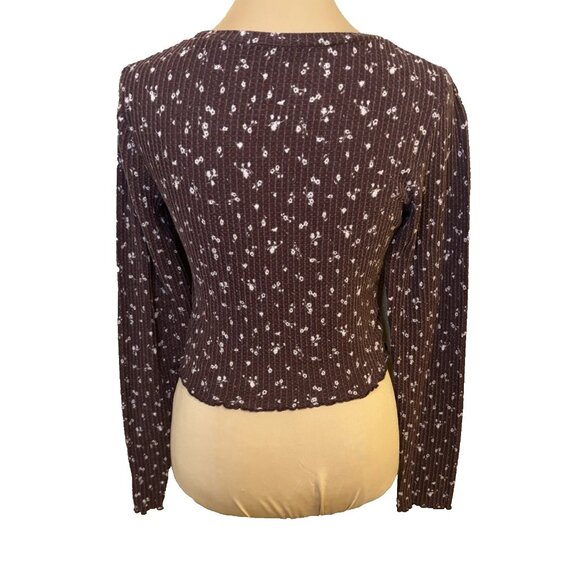 Aero OG Shrunken Tee Brown Floral Waffle Long Sleeve Crop Top Women's Size M - Picture 4 of 8